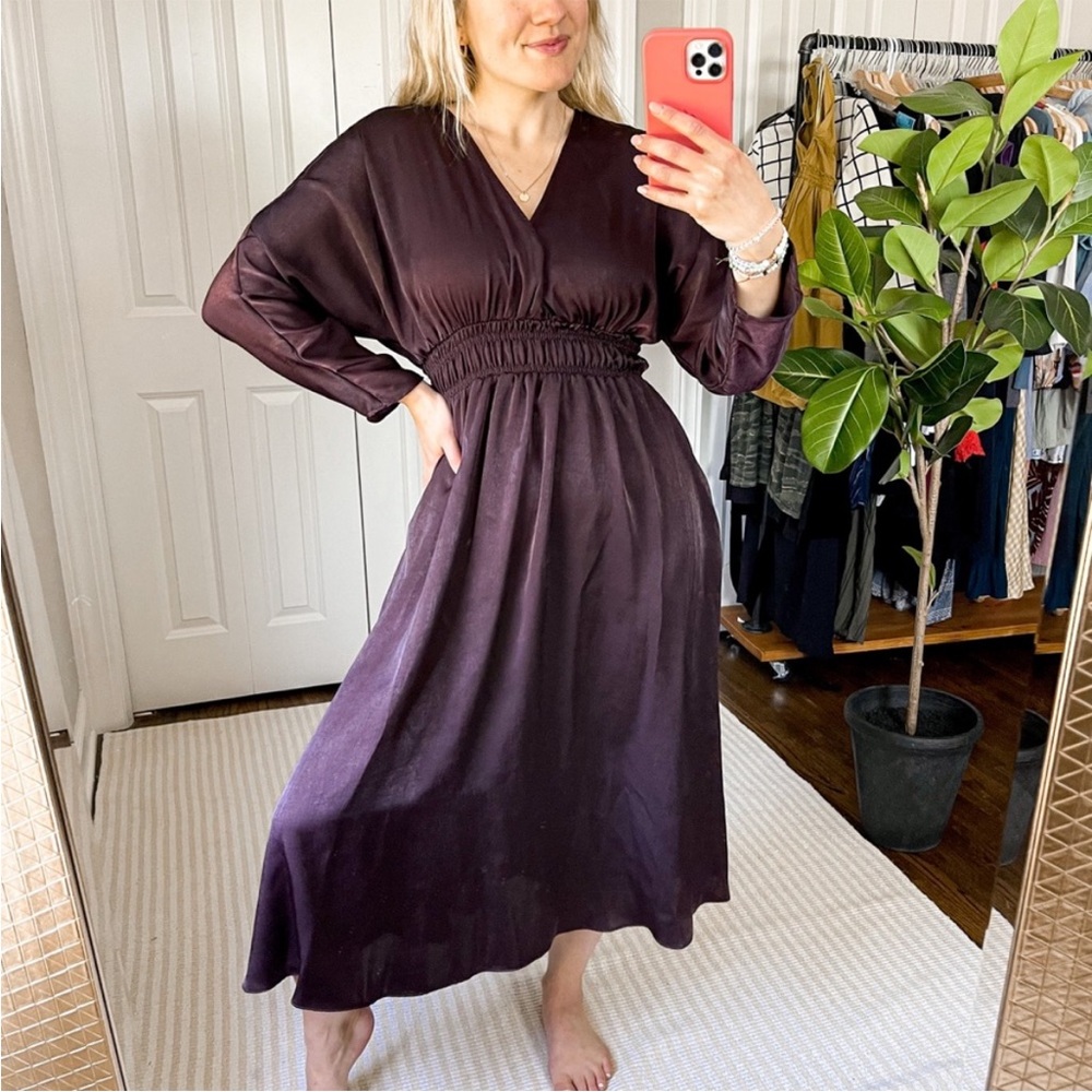 Zara Eggplant Purple Satin Effect Batwing Sleeve Midi Dress